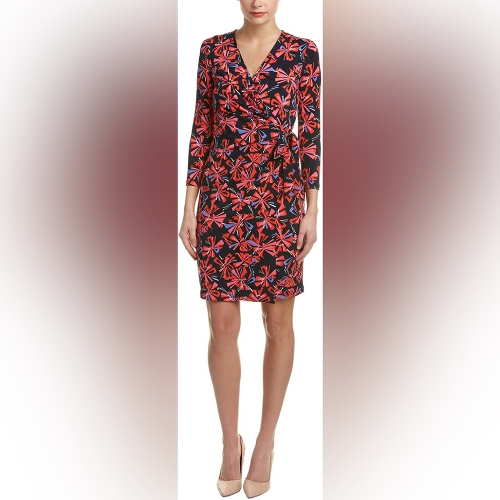 Anne Klein Printed Faux Wrap Dress Onyx Combo Size 12 Floral Abstract Red Purple